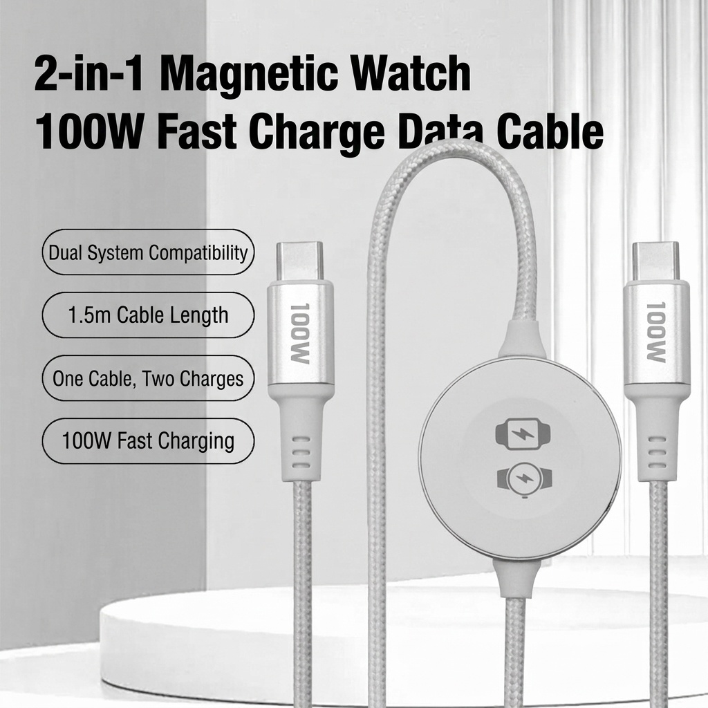 2-in-1 100W Fast Charging Cable for Smartwatch & Phone, USB-C Magnetic Braided Cord, White