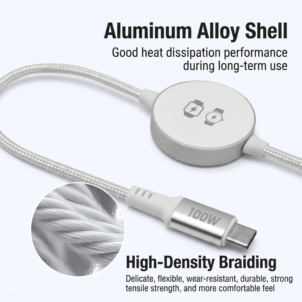 2-in-1 100W Fast Charging Cable for Smartwatch & Phone, USB-C Magnetic Braided Cord, White