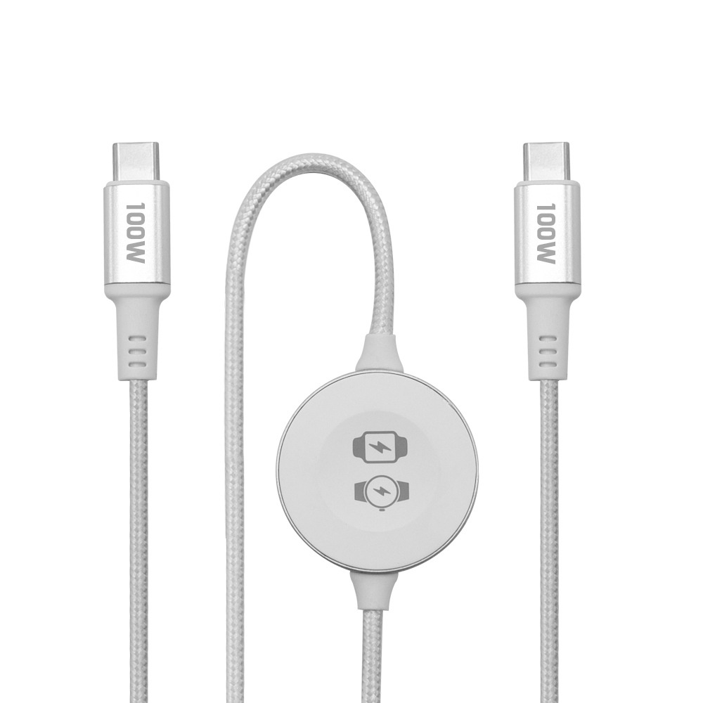 2-in-1 100W Fast Charging Cable for Smartwatch & Phone, USB-C Magnetic Braided Cord, White