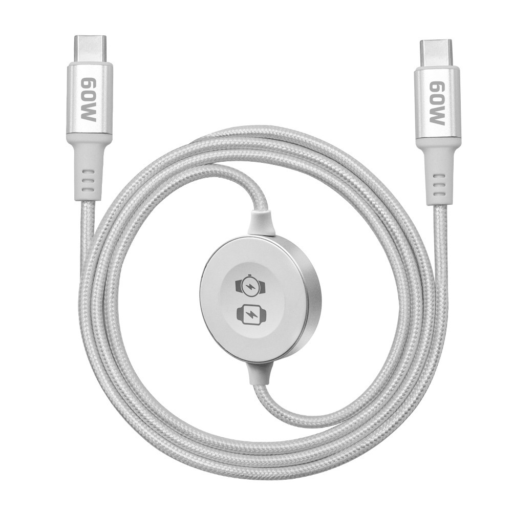 2-in-1 100W Fast Charging Cable for Smartwatch & Phone, USB-C Magnetic Braided Cord, White