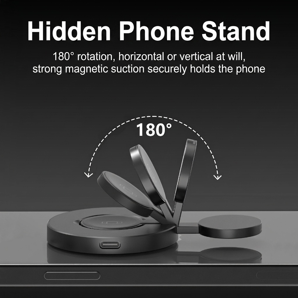 Magnetic 15W Wireless Charger with Foldable Phone Stand, Compact Fast Charging Pad, White