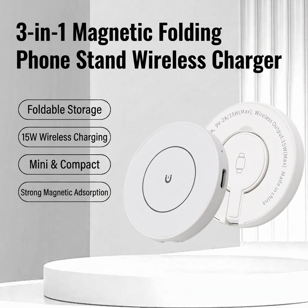 Magnetic 15W Wireless Charger with Foldable Phone Stand, Compact Fast Charging Pad, White