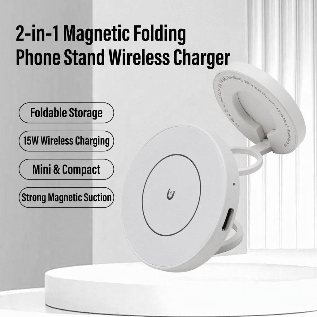 Magnetic 15W Wireless Charger with Foldable Phone Stand, Compact Fast Charging Pad, White
