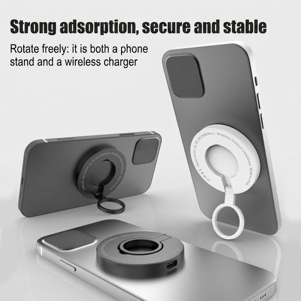 Magnetic 15W Wireless Charger with Foldable Phone Stand, Compact Fast Charging Pad, White