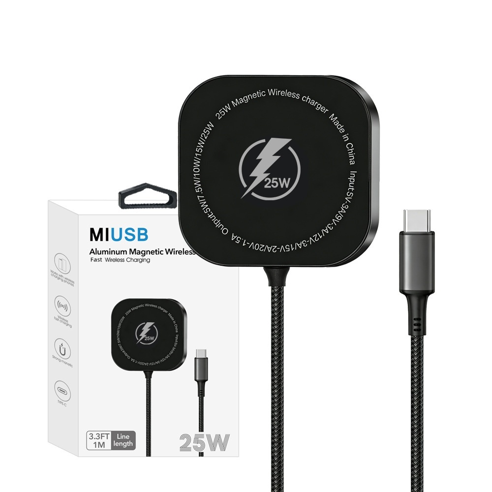 25W Magnetic Wireless Charger Pad, Fast Type-C Charging Station for Qi-Certified Phones, Aluminum Alloy, White/Black