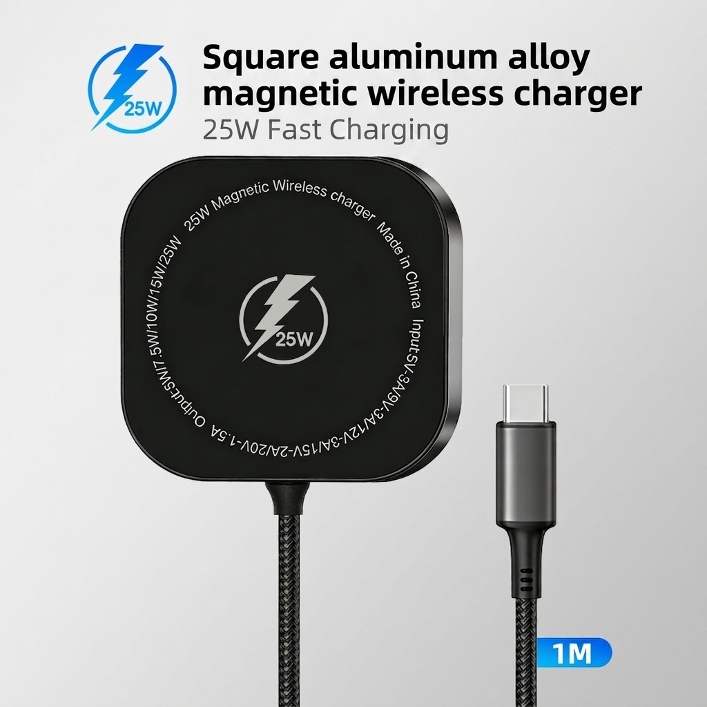 25W Magnetic Wireless Charger Pad, Fast Type-C Charging Station for Qi-Certified Phones, Aluminum Alloy, White/Black