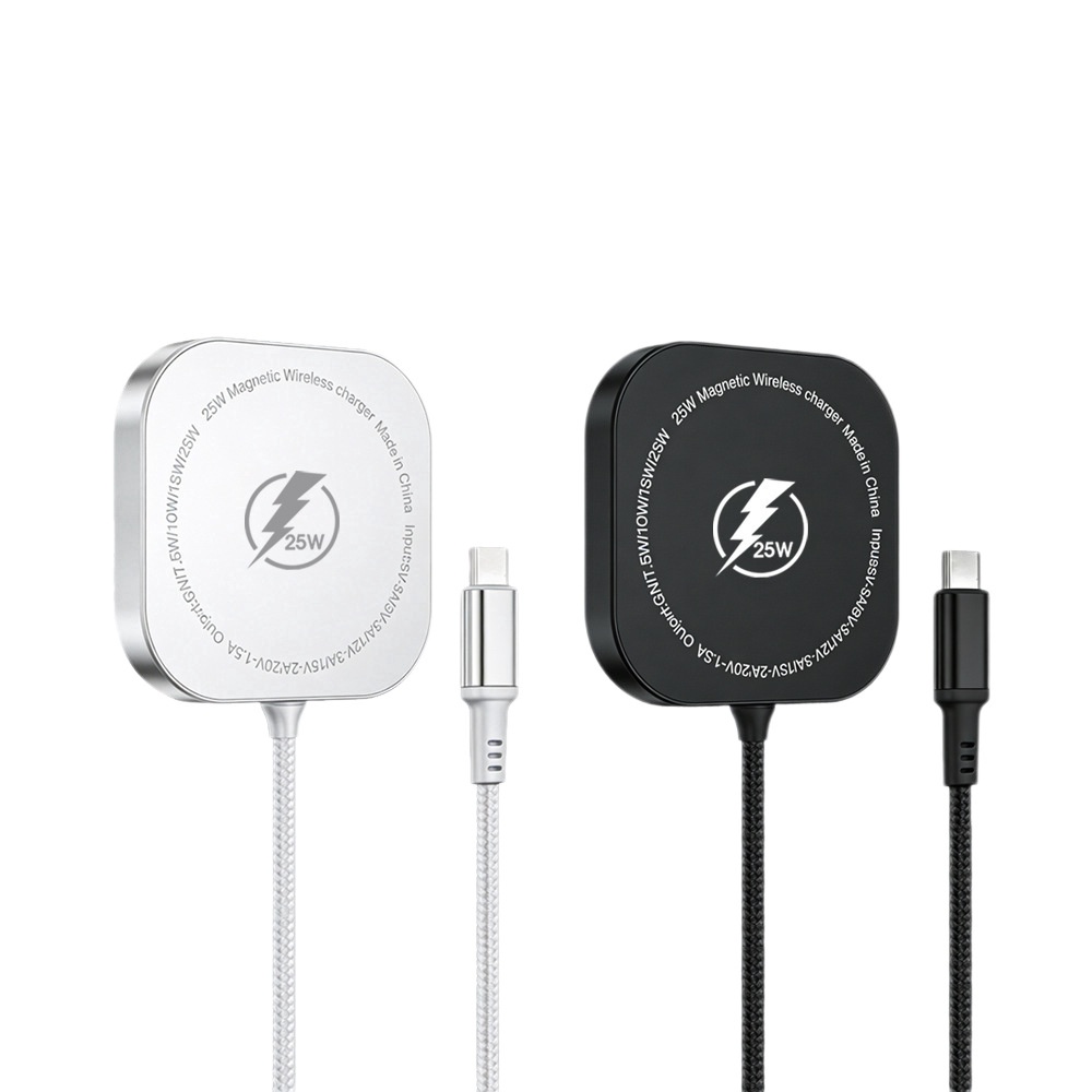 25W Magnetic Wireless Charger Pad, Fast Type-C Charging Station for Qi-Certified Phones, Aluminum Alloy, White/Black