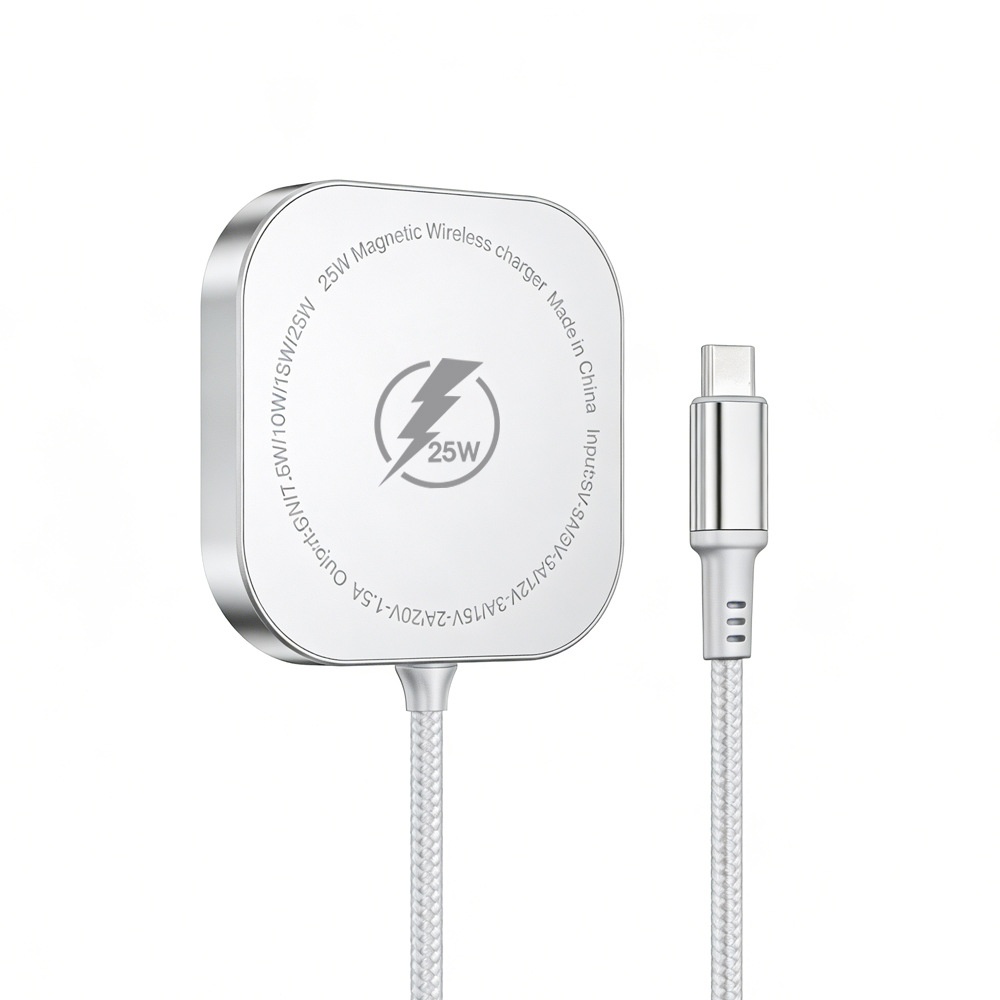 25W Magnetic Wireless Charger Pad, Fast Type-C Charging Station for Qi-Certified Phones, Aluminum Alloy, White/Black