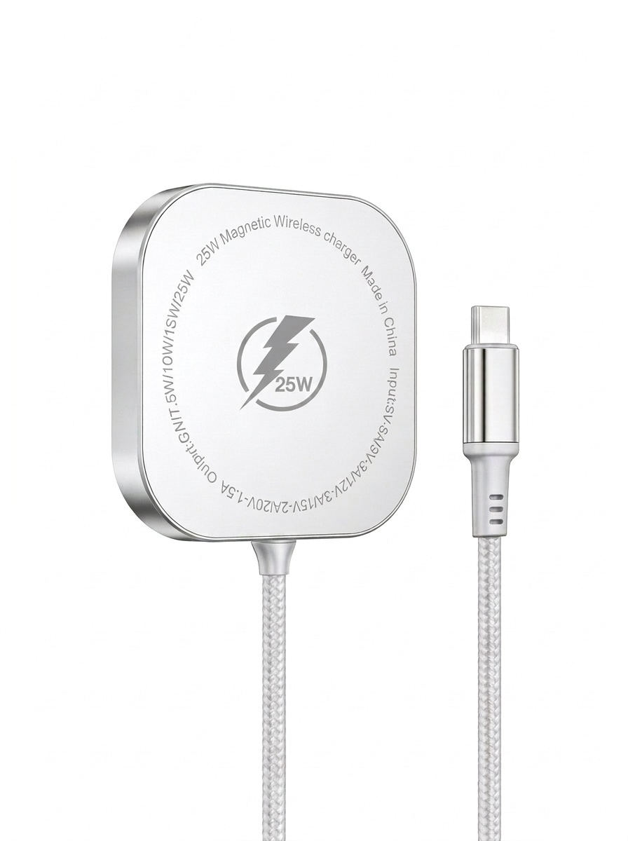 25W Magnetic Wireless Charger Pad, Fast Type-C Charging Station for Qi-Certified Phones, Aluminum Alloy, White/Black