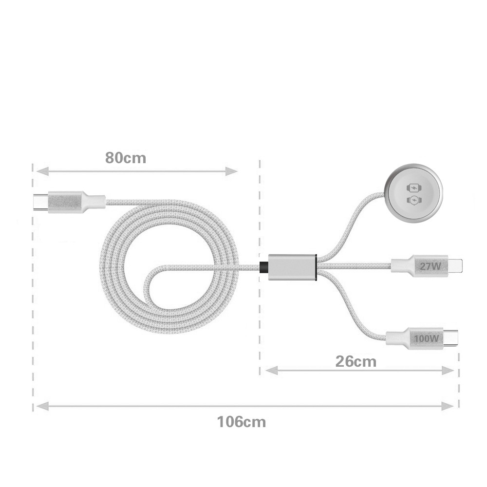 4-in-1 Fast Charging Cable: 100W USB-C, 27W Lightning & 3W Wireless Watch Charger, Braided Cord, White