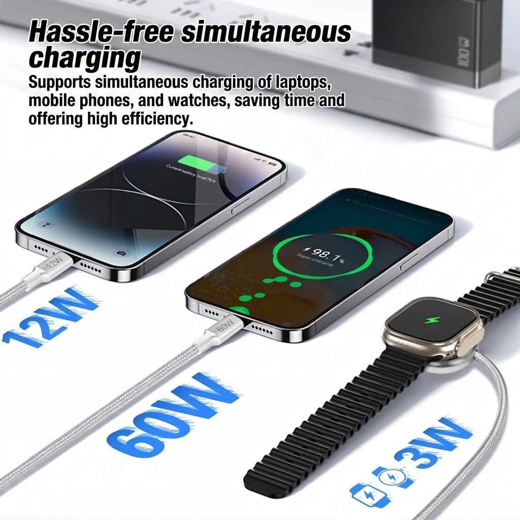 4-in-1 Fast Charging Cable: 100W USB-C, 27W Lightning & 3W Wireless Watch Charger, Braided Cord, White