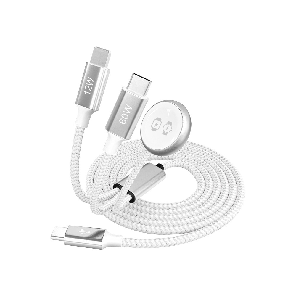 4-in-1 Fast Charging Cable: 100W USB-C, 27W Lightning & 3W Wireless Watch Charger, Braided Cord, White