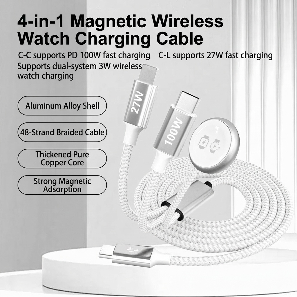 4-in-1 Fast Charging Cable: 100W USB-C, 27W Lightning & 3W Wireless Watch Charger, Braided Cord, White