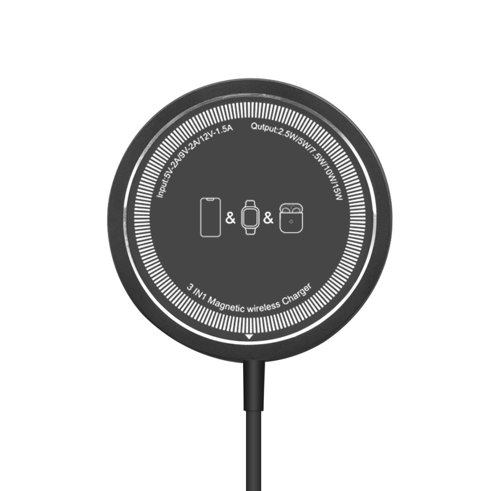 15W Magnetic Wireless Charger, 3-in-1 Fast Charging Pad with Dual USB-A/C Inputs, Ultra-Thin, Black