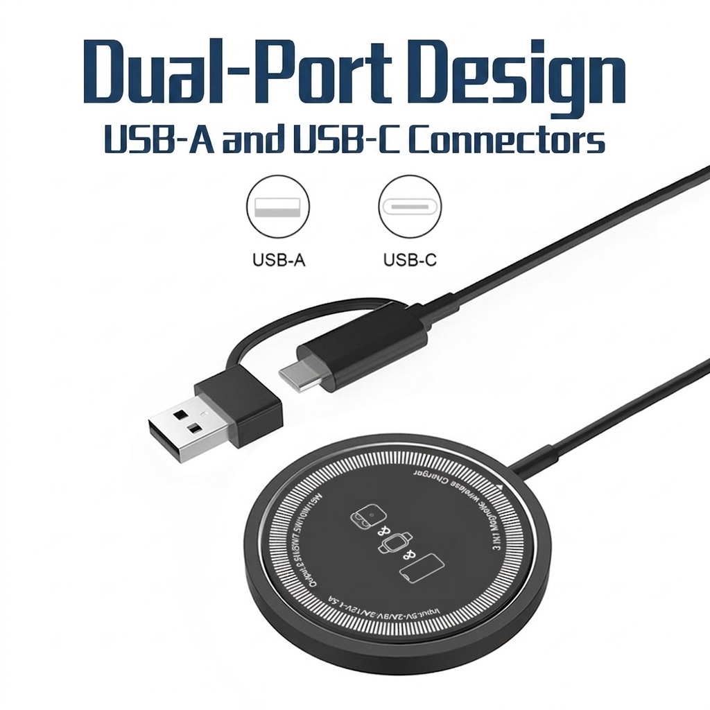 15W Magnetic Wireless Charger, 3-in-1 Fast Charging Pad with Dual USB-A/C Inputs, Ultra-Thin, Black