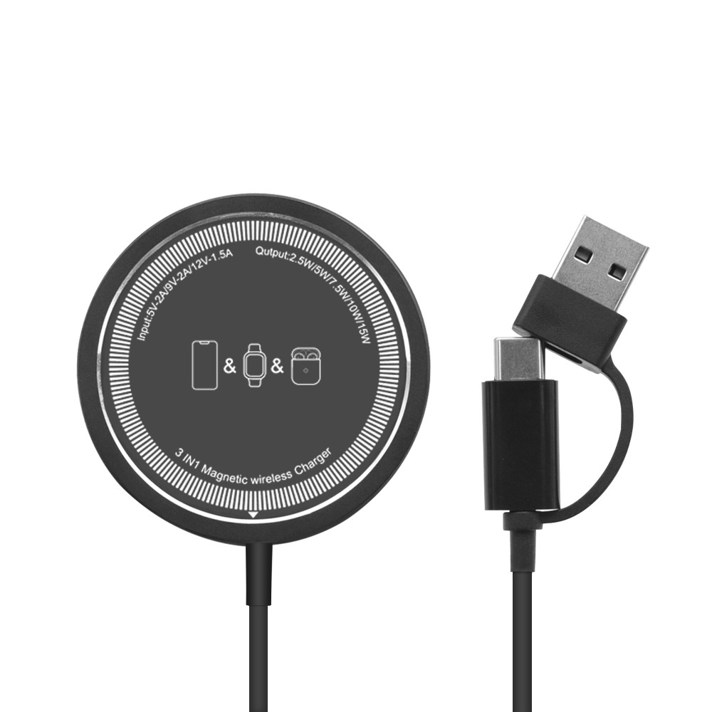 15W Magnetic Wireless Charger, 3-in-1 Fast Charging Pad with Dual USB-A/C Inputs, Ultra-Thin, Black