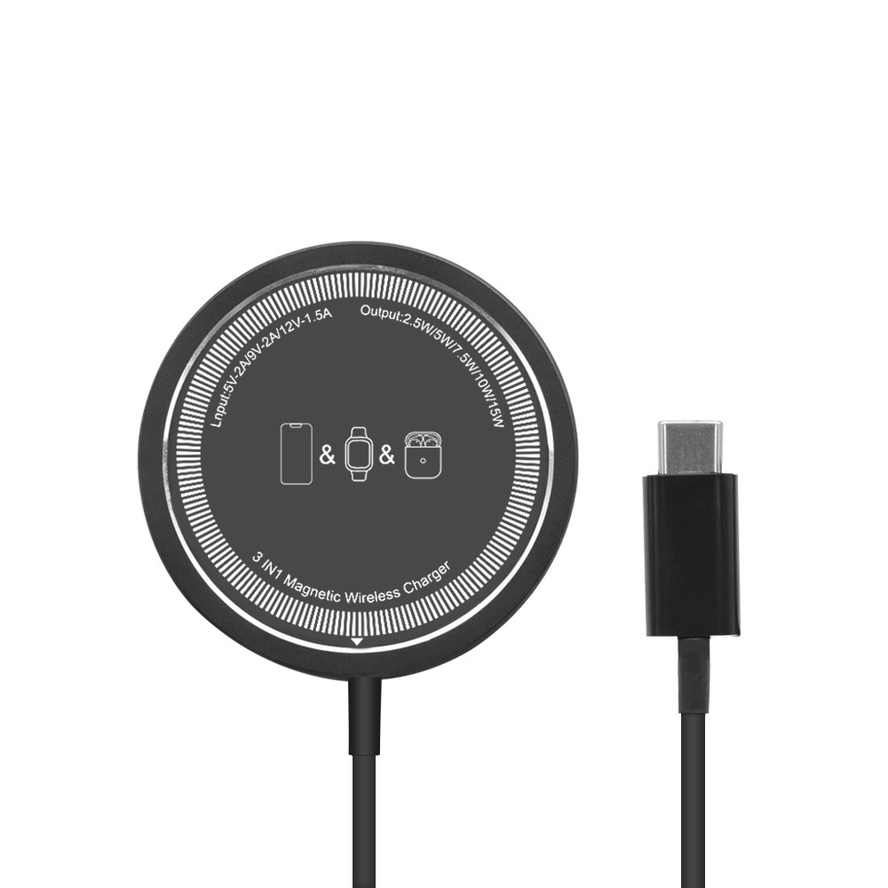 15W Magnetic Wireless Charger, 3-in-1 Fast Charging Pad with Dual USB-A/C Inputs, Ultra-Thin, Black
