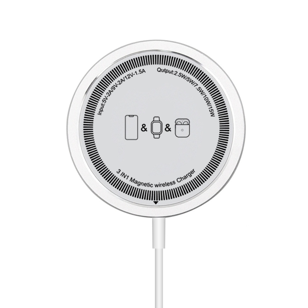 15W Magnetic Wireless Charger, 3-in-1 Fast Charging Pad with Dual USB-A/C Inputs, Ultra-Thin, Black