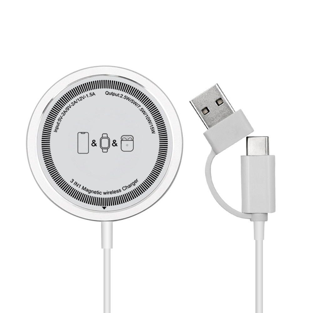 15W Magnetic Wireless Charger, 3-in-1 Fast Charging Pad with Dual USB-A/C Inputs, Ultra-Thin, Black
