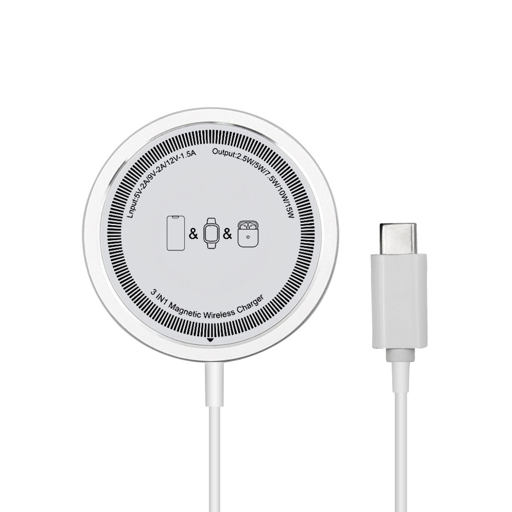 15W Magnetic Wireless Charger, 3-in-1 Fast Charging Pad with Dual USB-A/C Inputs, Ultra-Thin, Black