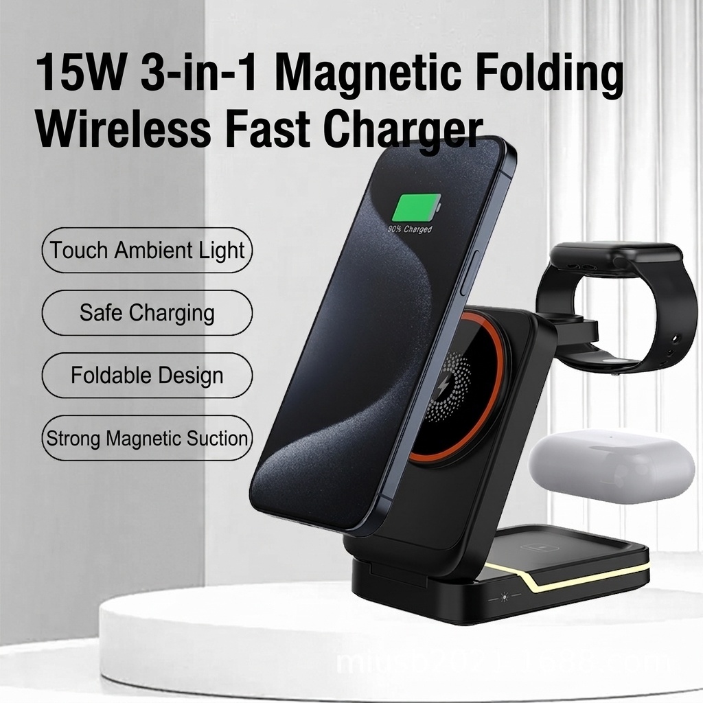 3-in-1 Foldable Wireless Charger Stand for iPhone, Watch & AirPods, 15W Fast Charging Station, White/Black