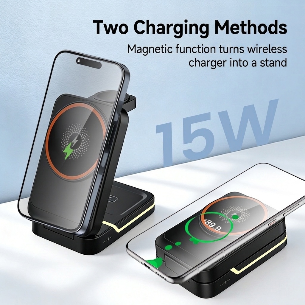 3-in-1 Foldable Wireless Charger Stand for iPhone, Watch & AirPods, 15W Fast Charging Station, White/Black