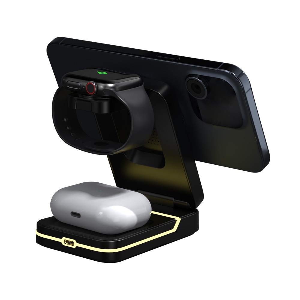 3-in-1 Foldable Wireless Charger Stand for iPhone, Watch & AirPods, 15W Fast Charging Station, White/Black