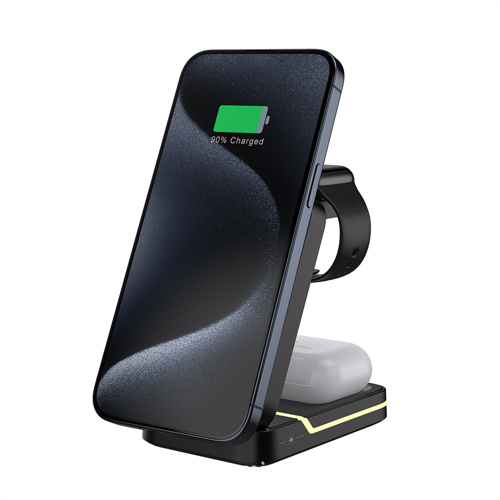 3-in-1 Foldable Wireless Charger Stand for iPhone, Watch & AirPods, 15W Fast Charging Station, White/Black