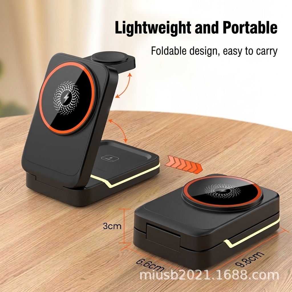 3-in-1 Foldable Wireless Charger Stand for iPhone, Watch & AirPods, 15W Fast Charging Station, White/Black
