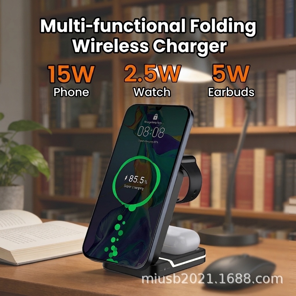 3-in-1 Foldable Wireless Charger Stand for iPhone, Watch & AirPods, 15W Fast Charging Station, White/Black
