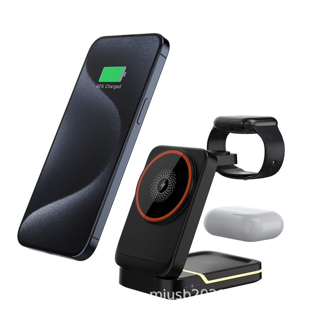 3-in-1 Foldable Wireless Charger Stand for iPhone, Watch & AirPods, 15W Fast Charging Station, White/Black