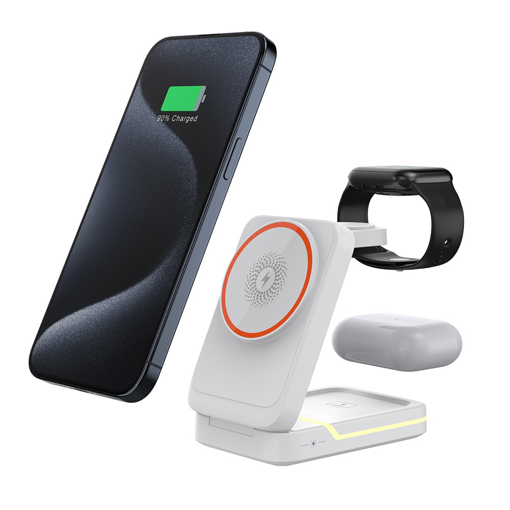 3-in-1 Foldable Wireless Charger Stand for iPhone, Watch & AirPods, 15W Fast Charging Station, White/Black
