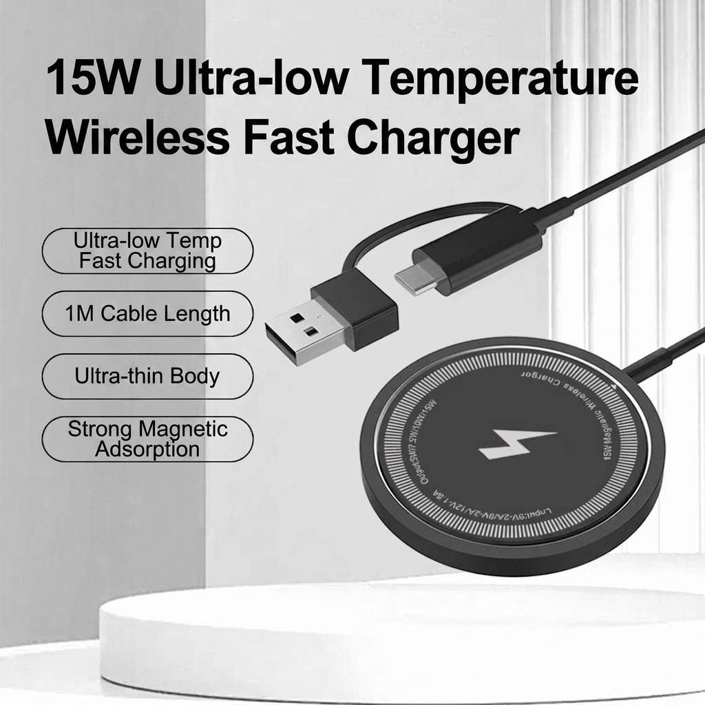 15W Magnetic Wireless Charger Fast Charging Pad for iPhone, Ultra-Slim 5.5mm with N52 Magnets, Dual USB-A/C, White/Black