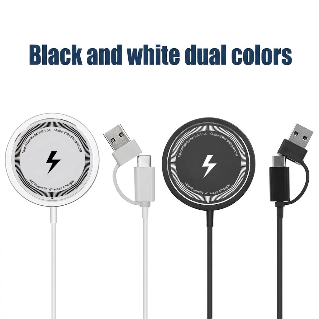15W Magnetic Wireless Charger Fast Charging Pad for iPhone, Ultra-Slim 5.5mm with N52 Magnets, Dual USB-A/C, White/Black