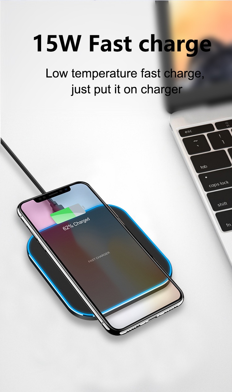 15W Fast Wireless Charger Pad with RGB LED Light, Qi Compatible Super Slim Charging Station, White/Black
