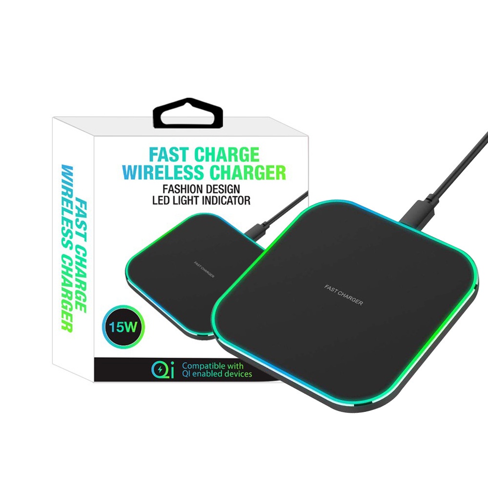 15W Fast Wireless Charger Pad with RGB LED Light, Qi Compatible Super Slim Charging Station, White/Black
