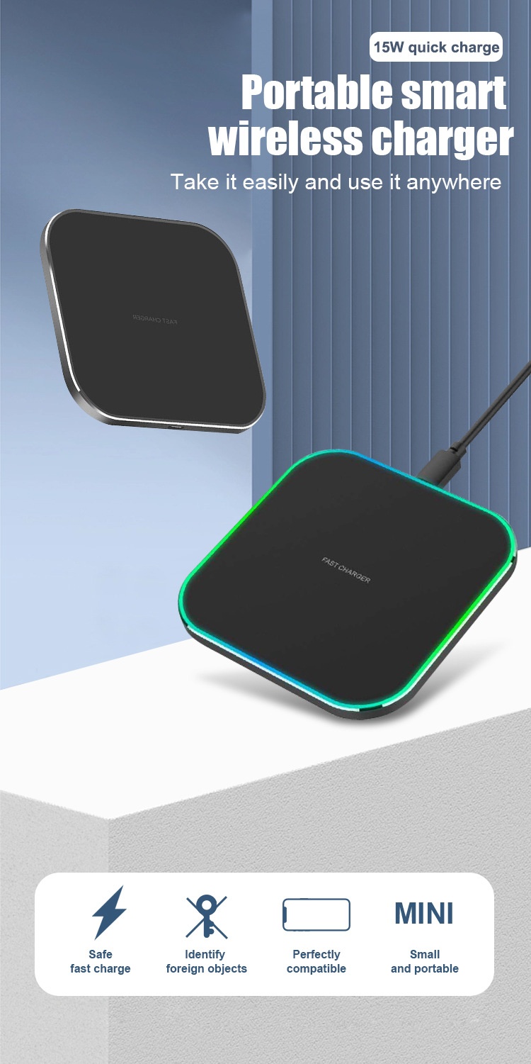 15W Fast Wireless Charger Pad with RGB LED Light, Qi Compatible Super Slim Charging Station, White/Black