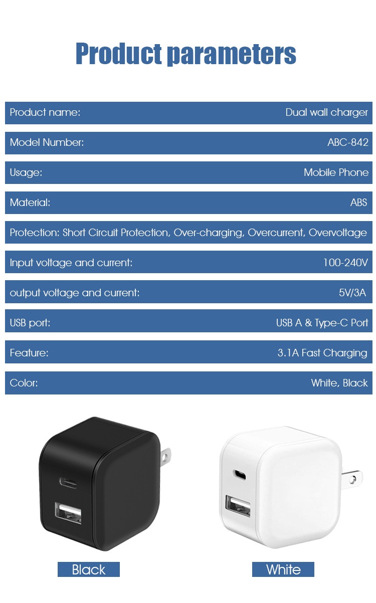 20W Dual Port USB-C & USB-A Fast Wall Charger Adapter, Compact Fast Charging Block, White/Black