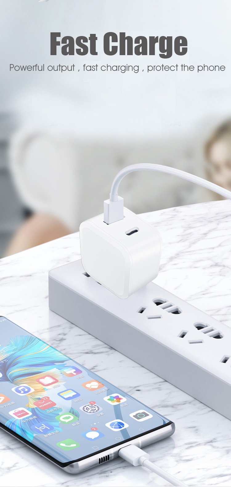 20W Dual Port USB-C & USB-A Fast Wall Charger Adapter, Compact Fast Charging Block, White/Black