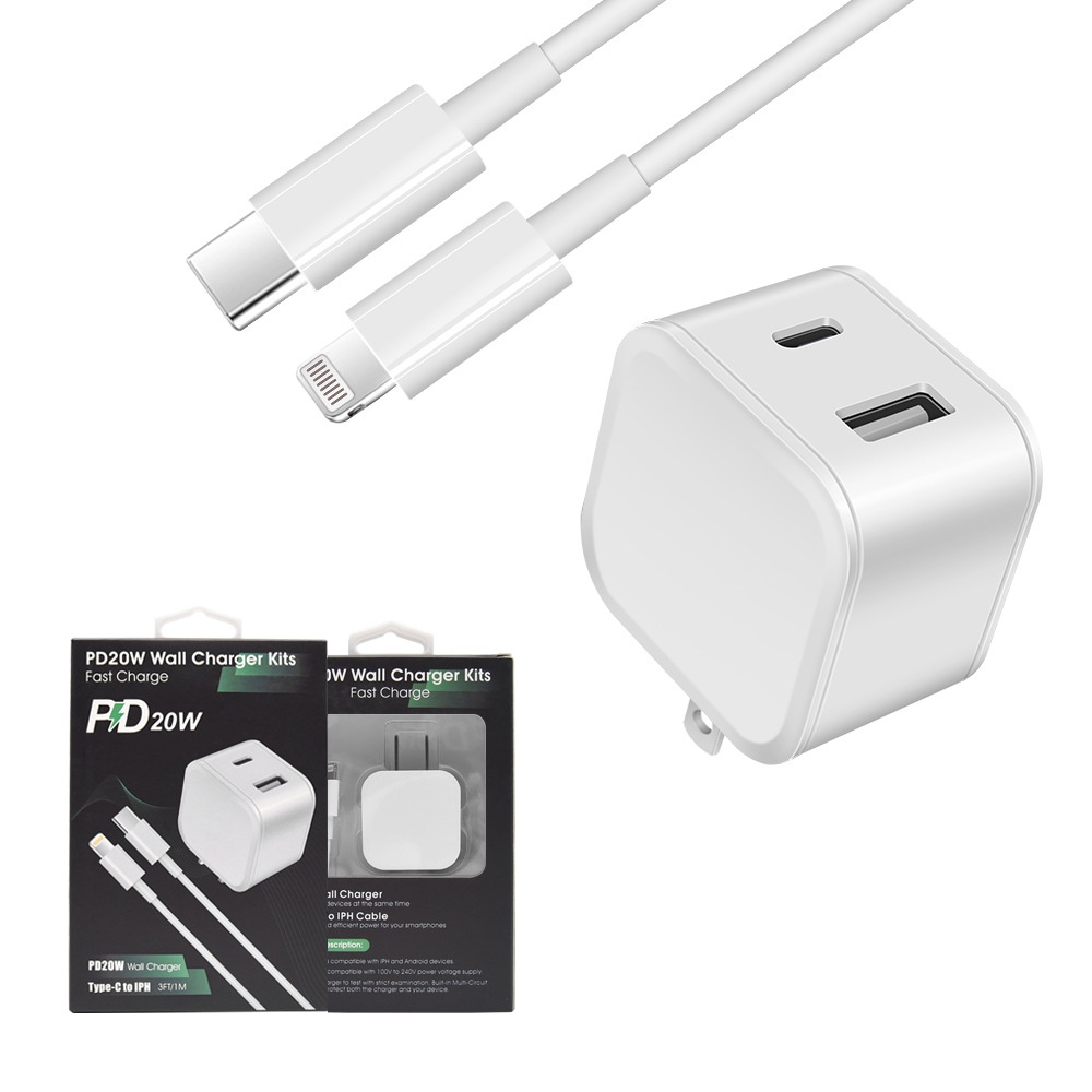 20W Dual Port USB-C & USB-A Fast Wall Charger Adapter, Compact Fast Charging Block, White/Black