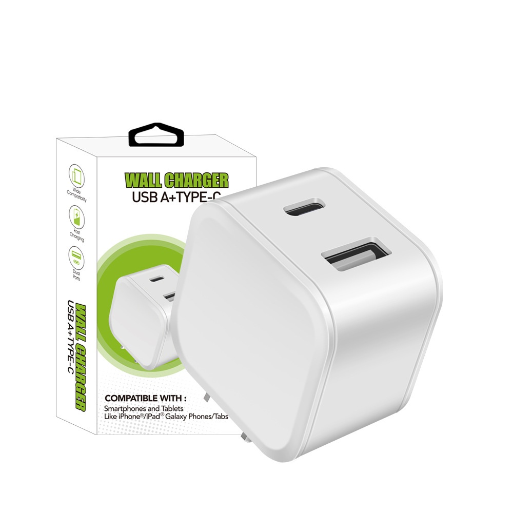 20W Dual Port USB-C & USB-A Fast Wall Charger Adapter, Compact Fast Charging Block, White/Black