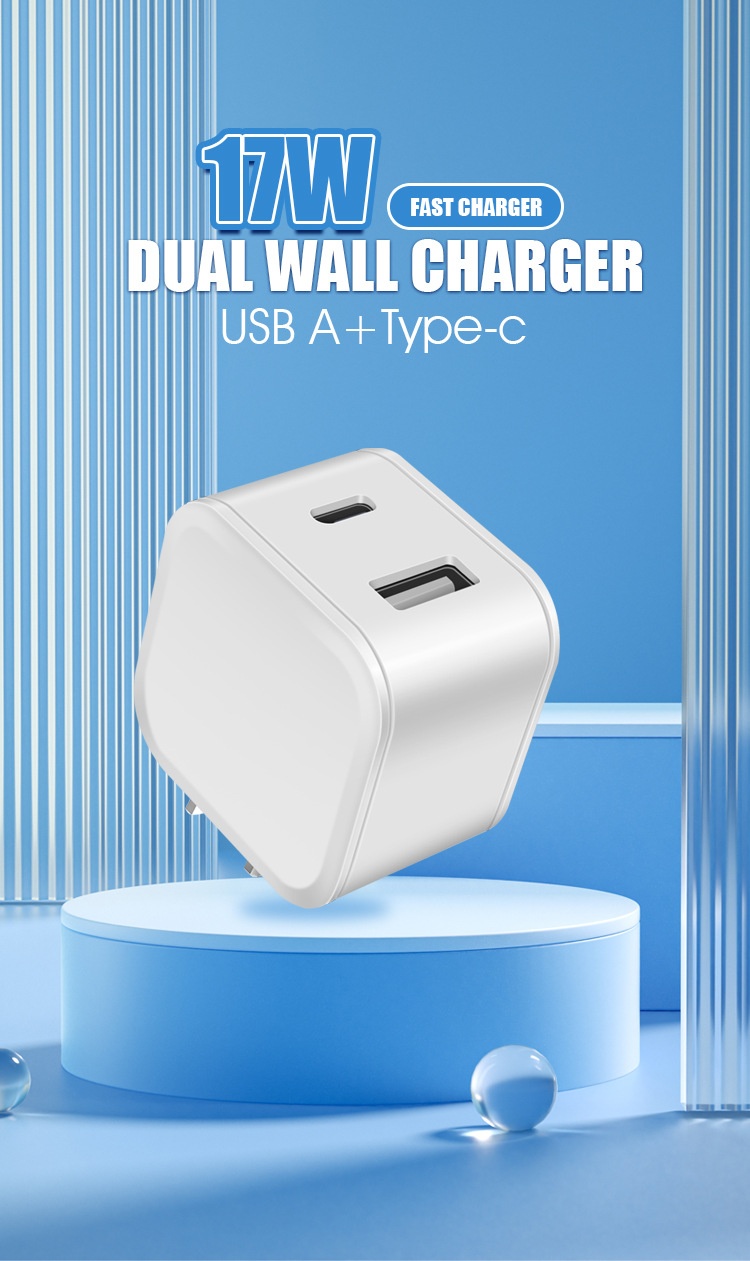20W Dual Port USB-C & USB-A Fast Wall Charger Adapter, Compact Fast Charging Block, White/Black