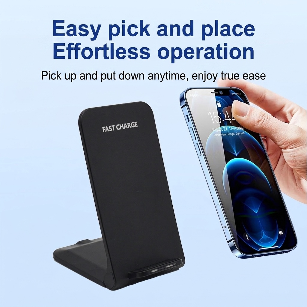 15W Fast Foldable Wireless Charging Stand for Phones, Adjustable Angle Charging Station, White/Black