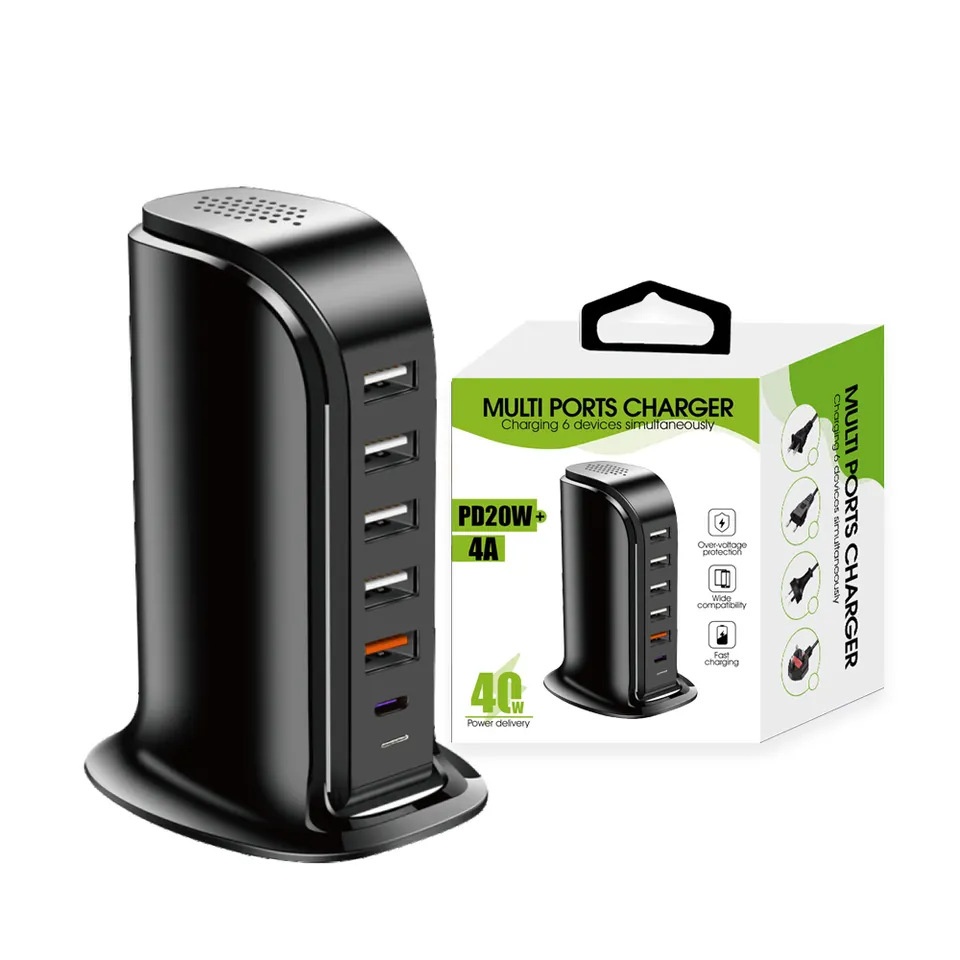 6-Port USB-C & USB-A Fast Charger Hub, 20W Desktop Charging Station for Multiple Devices, White/Black