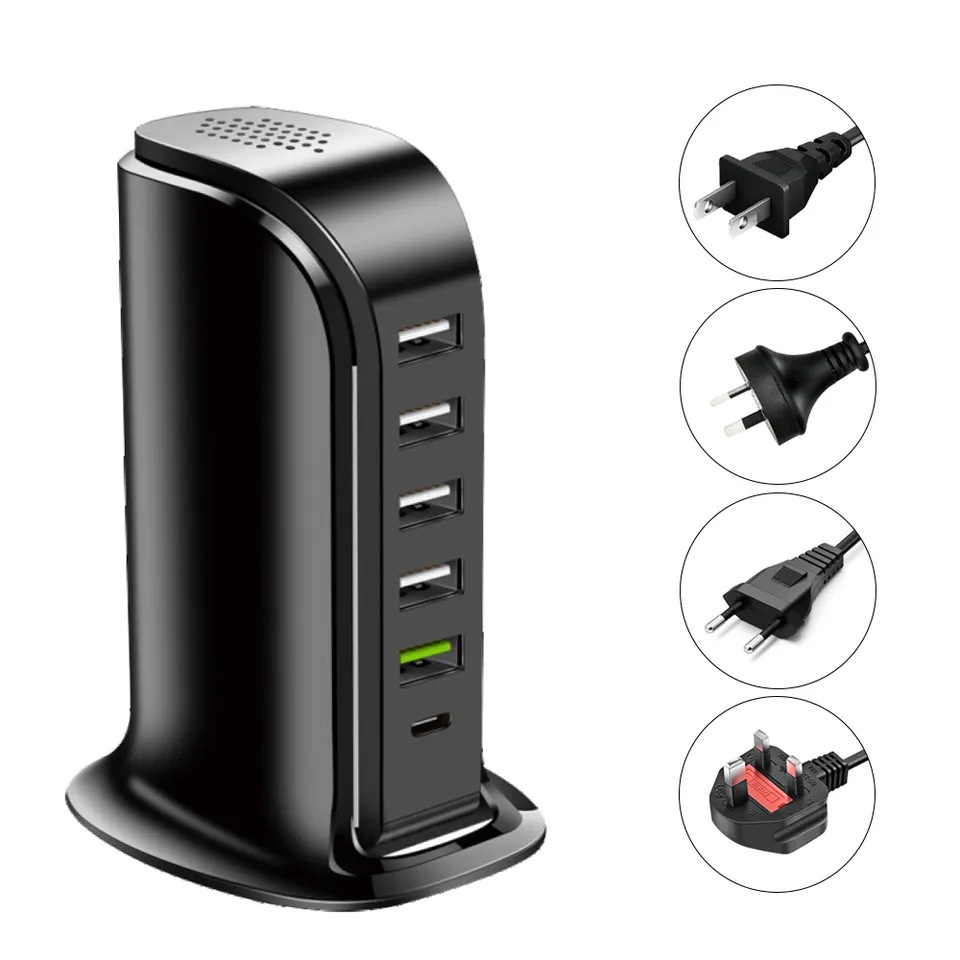 6-Port USB-C & USB-A Fast Charger Hub, 20W Desktop Charging Station for Multiple Devices, White/Black