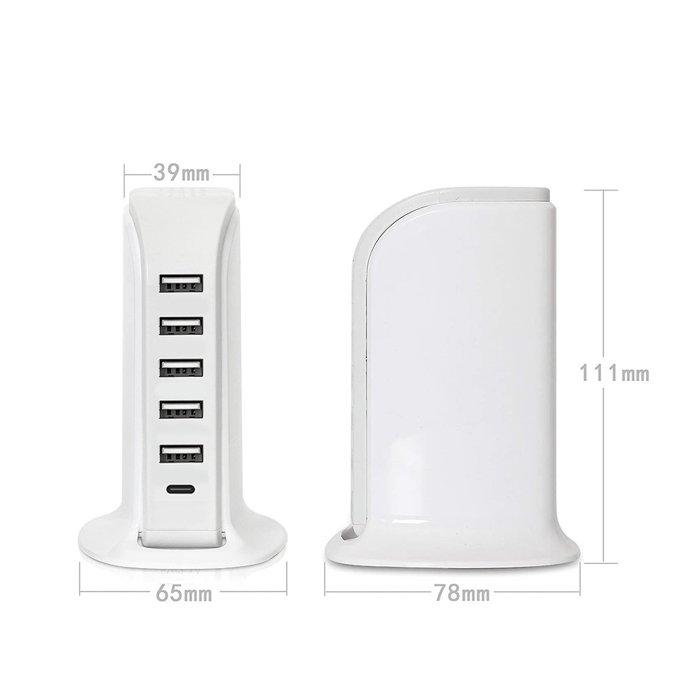 6-Port USB-C & USB-A Fast Charger Hub, 20W Desktop Charging Station for Multiple Devices, White/Black