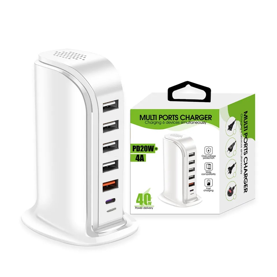 6-Port USB-C & USB-A Fast Charger Hub, 20W Desktop Charging Station for Multiple Devices, White/Black