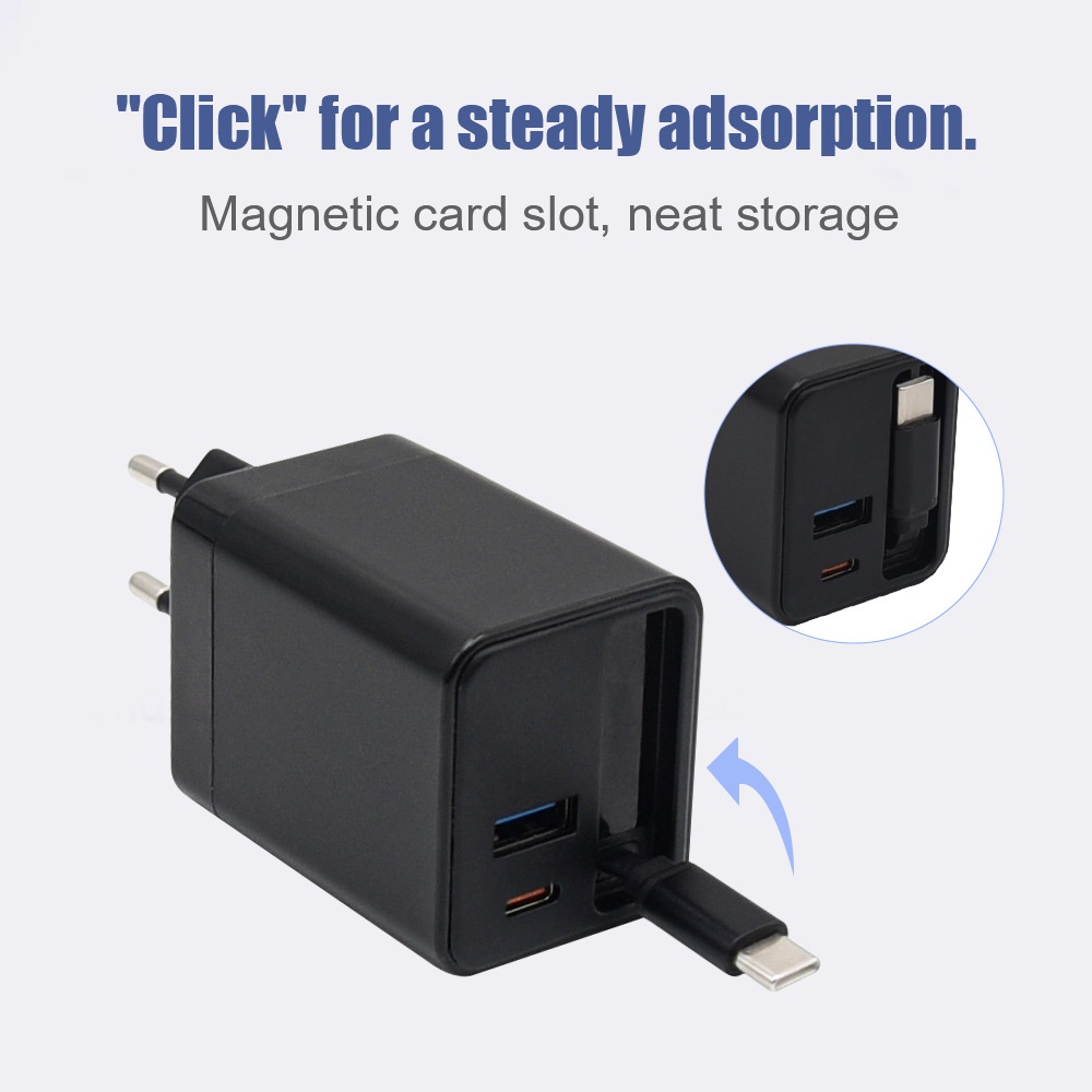 65W Fast Charger with 65cm Retractable USB-C Cable, Multi-Port Desktop Charging Station, White/Black