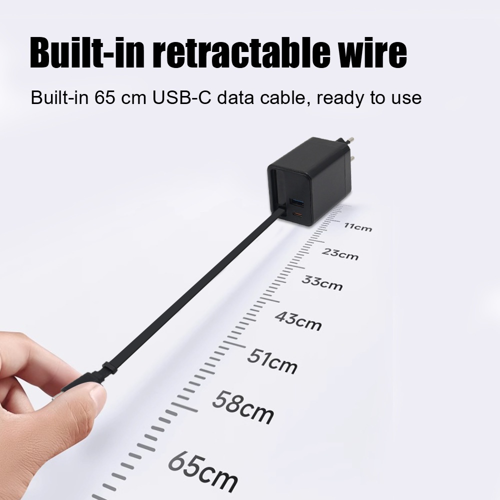 65W Fast Charger with 65cm Retractable USB-C Cable, Multi-Port Desktop Charging Station, White/Black
