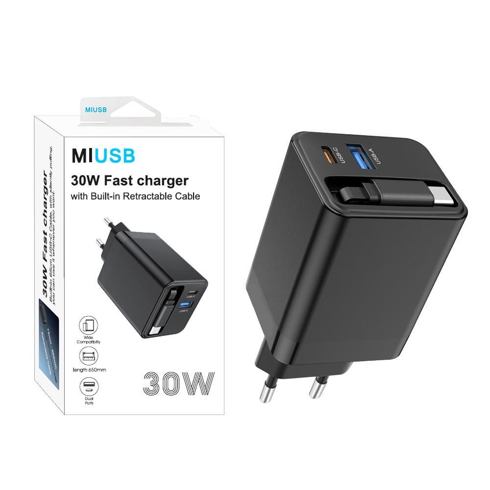 65W Fast Charger with 65cm Retractable USB-C Cable, Multi-Port Desktop Charging Station, White/Black